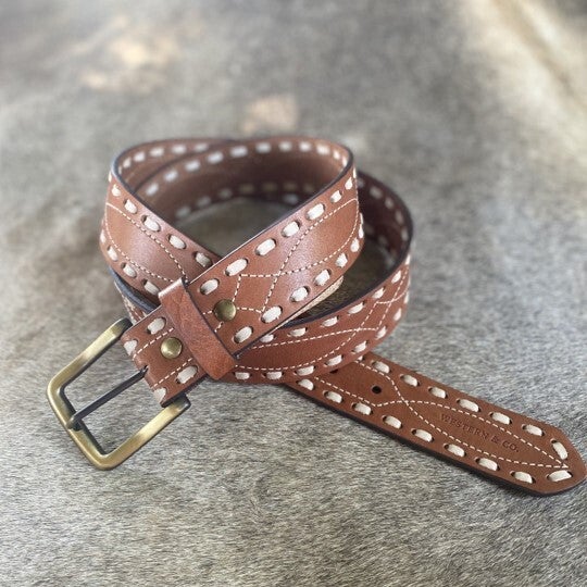 VINTAGE WESTERN brown leather belt with white stitch detailing - silver buckle Western & Co Classic Buckstitch Leather Belt | The Hat Store  main image 3